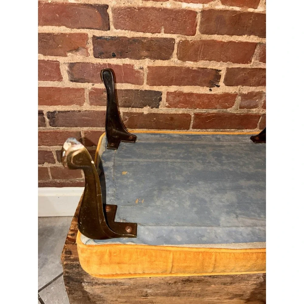 MCM Small Gold Cut‎ Velvet Brass Leg Footstool Ottoman